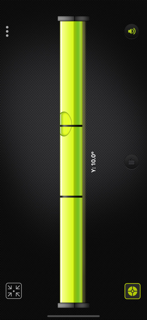 Vertical spirit level interface of the Pocket Bubble Level XXL app showing a yellow vial with a 10 degree inclination readout
