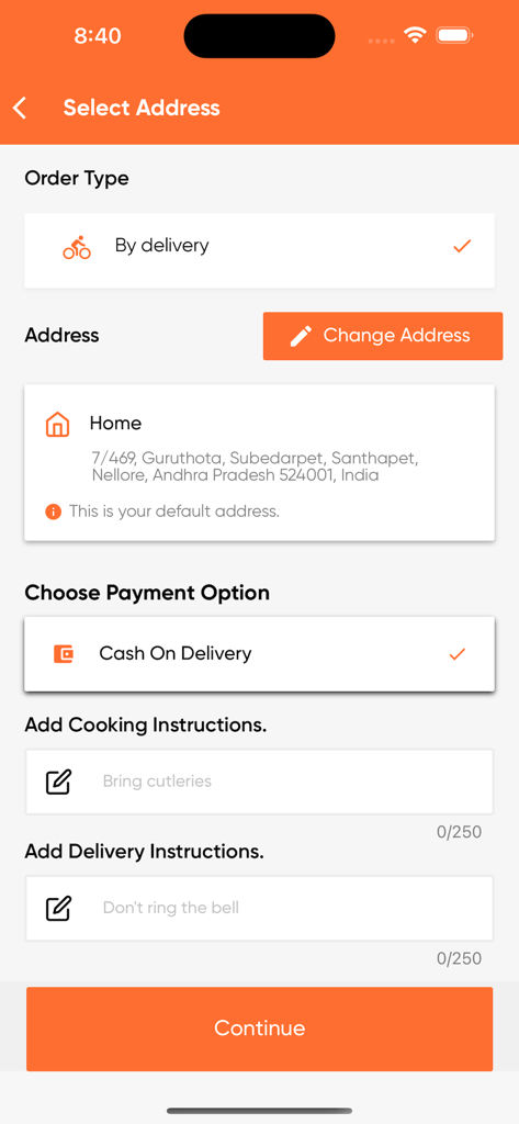 Kassenseite der Iladary Food-Delivery-App, die Adressauswahl und Zahlungsoptionen anzeigt.