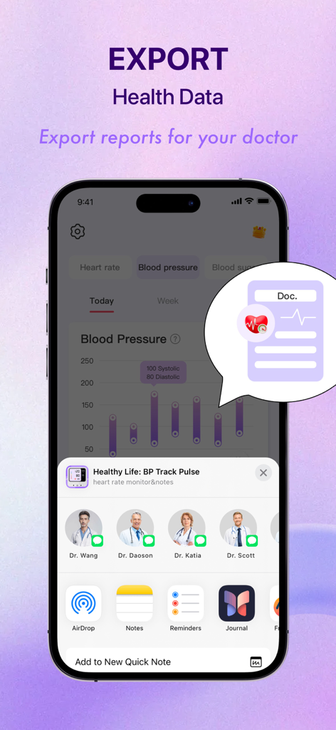 Blood Pressure: Healthy Life - Pantalla de smartphone que muestra cómo exportar y compartir informes de salud de presión arterial con los médicos.