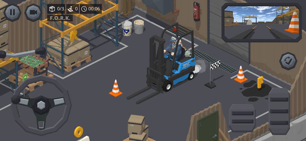 Forklift Extreme Simulator 2 - Un carrello elevatore blu naviga attraverso ostacoli in un ambiente di magazzino 3D