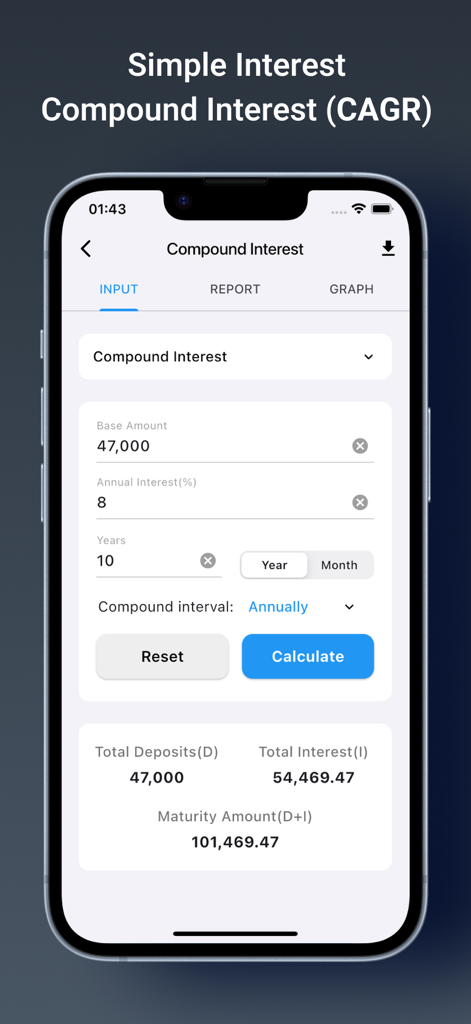 Financial Calculator EMI, SIP - Pantalla de teléfono inteligente que muestra el cálculo de interés compuesto para la planificación financiera