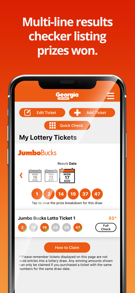 Pantalla de la aplicación Georgia Lottery que muestra el verificador de boletos de múltiples líneas para Jumbo Bucks con números ganadores y premios obtenidos.
