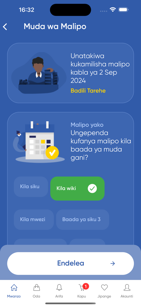 Tunzaa app interface showing installment payment frequency options including daily, weekly, and monthly choices