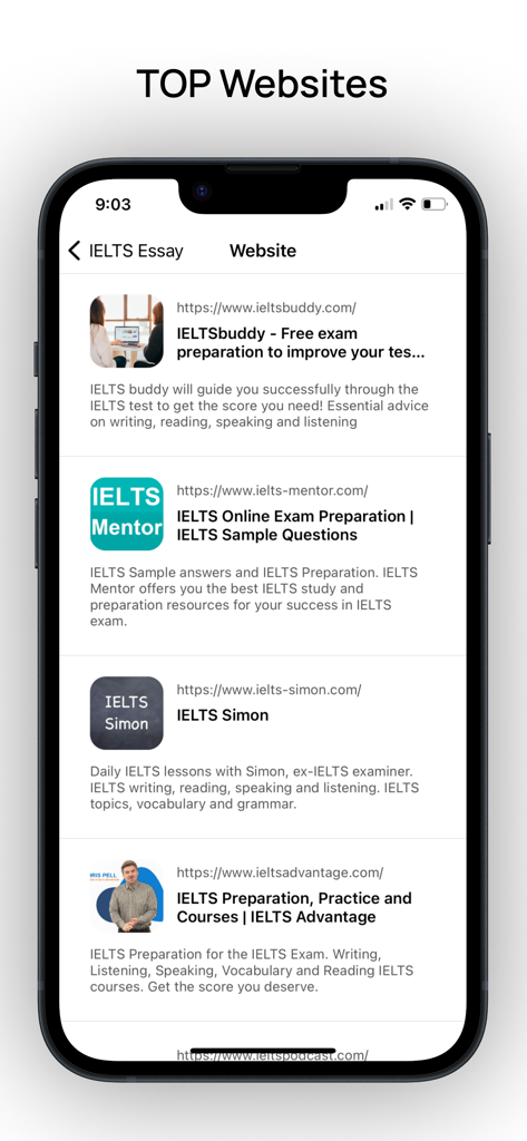 앱 내에서 선별된 최고의 IELTS 준비 웹사이트 목록