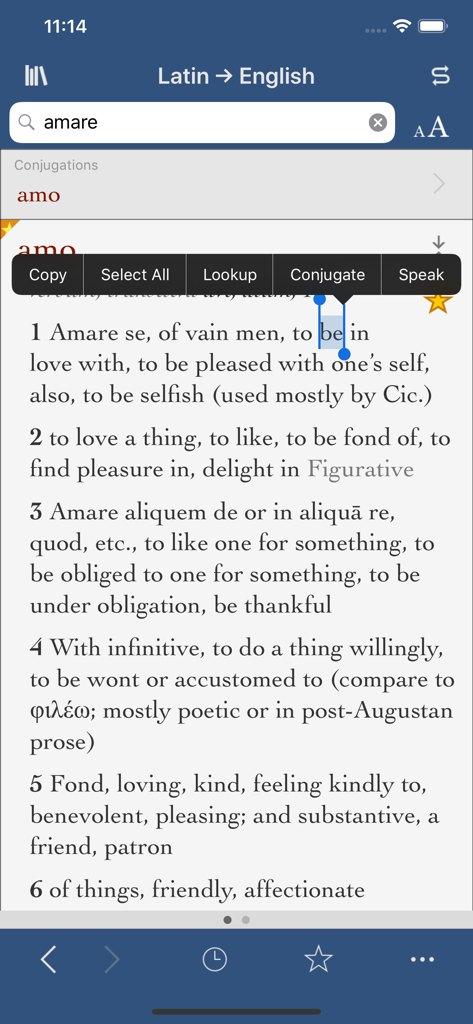 Ultralingua Latin-English dictionary app interface showing definitions and conjugation options for the word amare