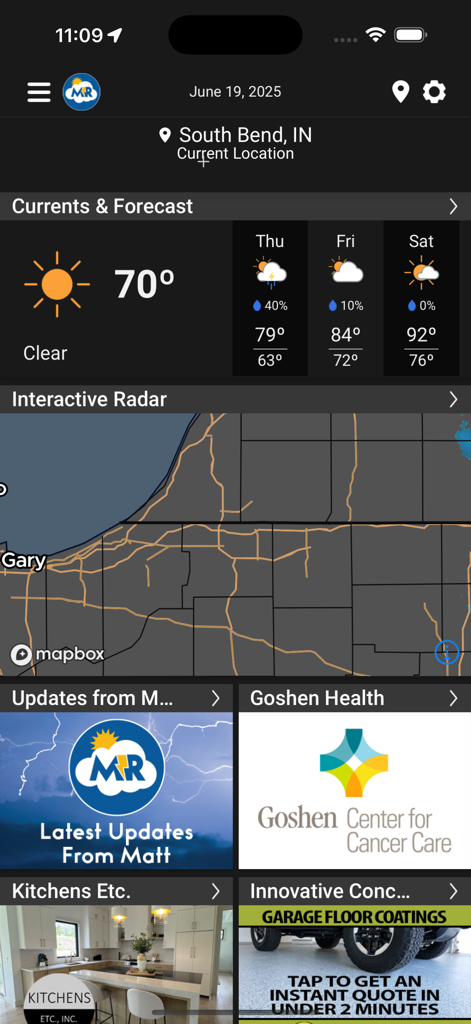 Matt Rudkin Weather - Matt Rudkin Weather app interface showing current temperature and interactive radar for South Bend Indiana