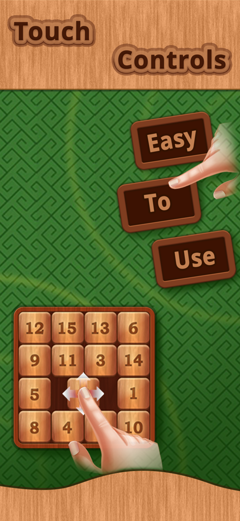 15 Puzzle Challenge. - Una mano deslizando fichas de madera en 15 Puzzle Challenge demostrando controles táctiles sencillos