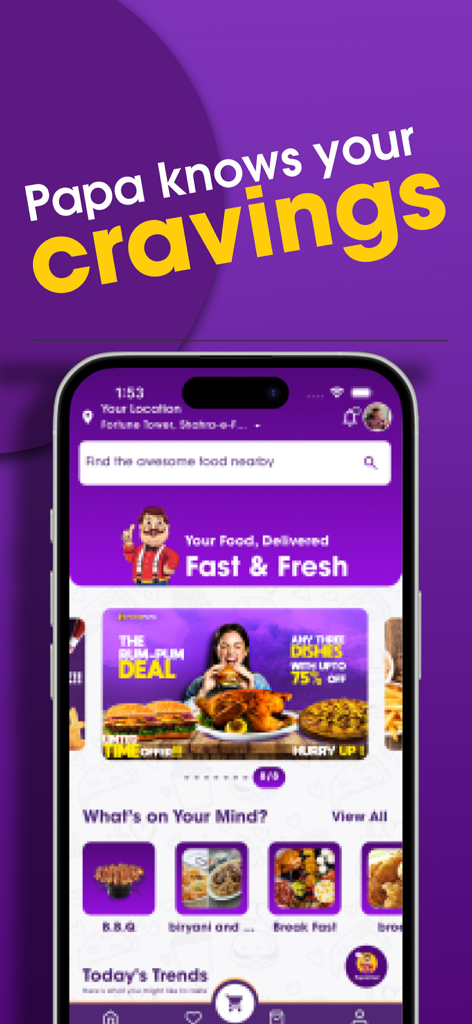 FoodPapa - FoodPapa mobile app home screen showing food delivery options and promotional deals