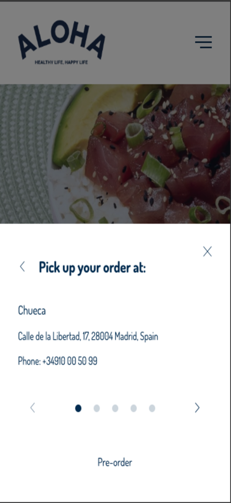 Pantalla de la app Aloha Poke para seleccionar una ubicación de recogida en Madrid