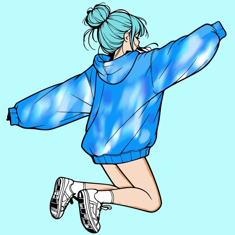 realistic girl jumping with a bun and oversized sweatshirt
