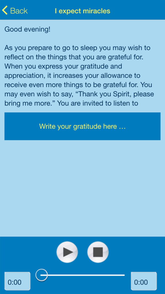Akashic Power - ジャーナリング・ボタンとオーディオ・コントロールを備えた、アカシック・パワー・アプリの夜の感謝の振り返り画面