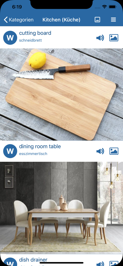 Learn English Vocabulary Pro - English vocabulary learning app showing kitchen category with pictures of a cutting board and dining room table