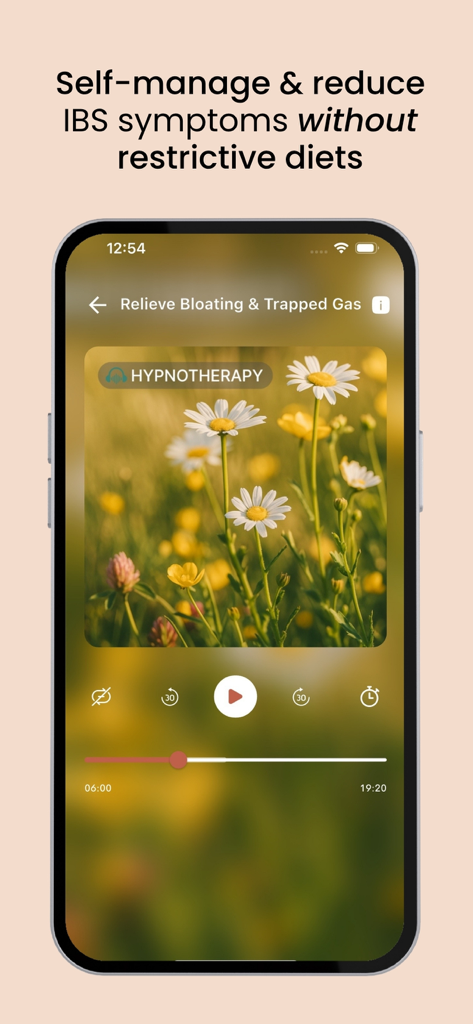 The Calm Gut: IBS Hypnotherapy - Mobile app interface of The Calm Gut showing a hypnotherapy session for bloating and trapped gas relief.