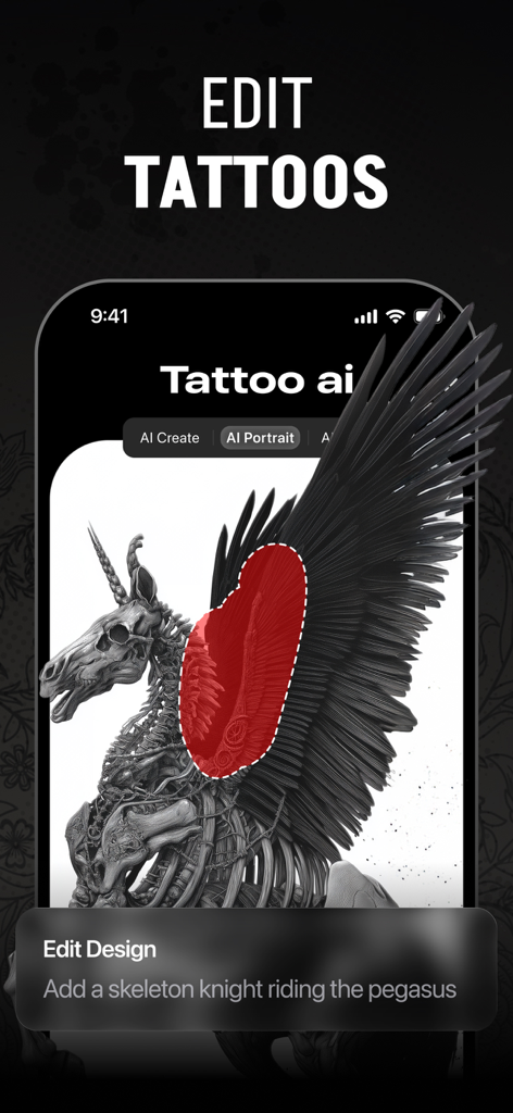 AIプロンプトを使用して骸骨のペガサス・タトゥーデザインを編集しているTattoo AIのモバイルアプリインターフェイス