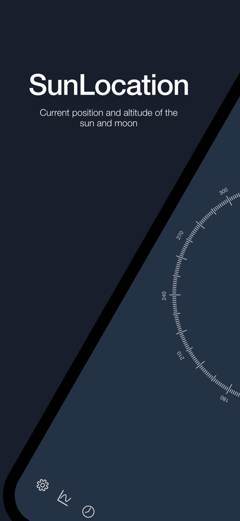SunLocation - SunLocation app main screen showing current sun and moon position and altitude on a dark interface
