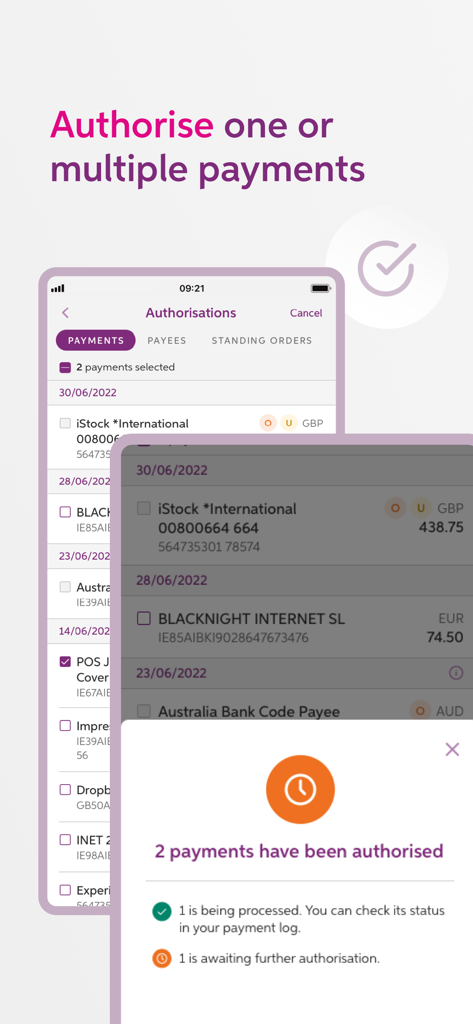 AIB Business iBB mobile app interface showing payment authorization confirmation