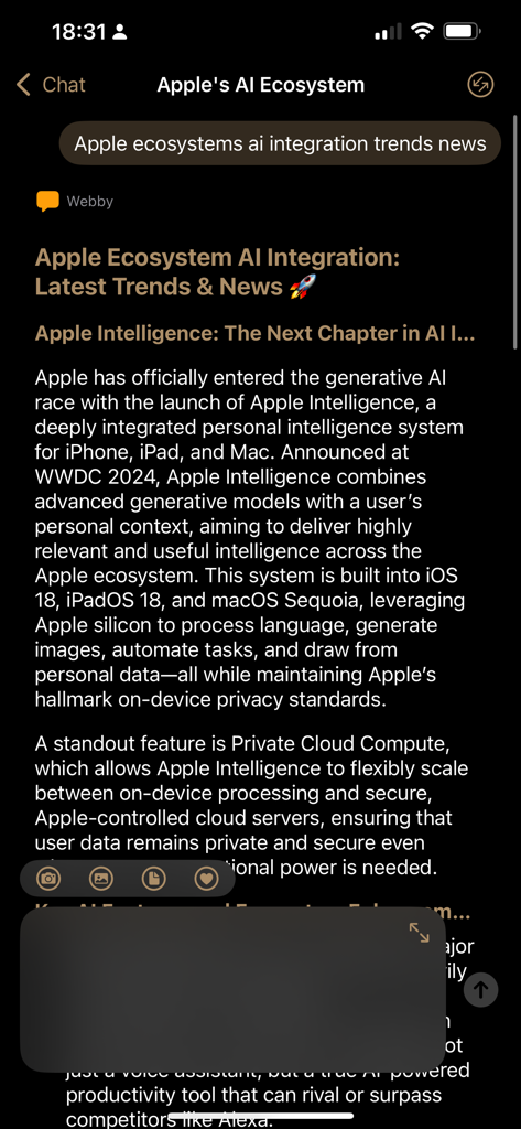 Gizmo by Bluewaves - Interfaz de chat de IA en Gizmo Evo mostrando noticias sobre la integración de IA en el ecosistema Apple