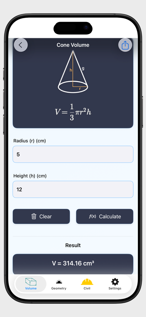 Volume Calculator 3D - Interface of Volume Calculator 3D app showing a cone volume calculation with formula and input fields