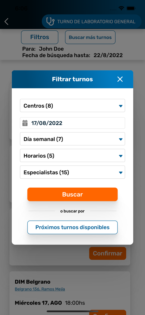 DIM SALUD Turnos y Resultados - Schermata dell'app mobile che mostra filtri per la prenotazione di appuntamenti medici in spagnolo