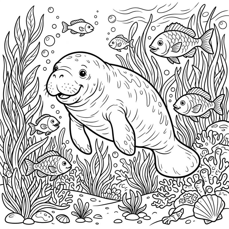 Explore the wonders of the ocean with this charming manatee coloring page, specially designed for young marine enthusiasts. It's a delightful way for kids to learn about manatee conservation while having artistic fun!