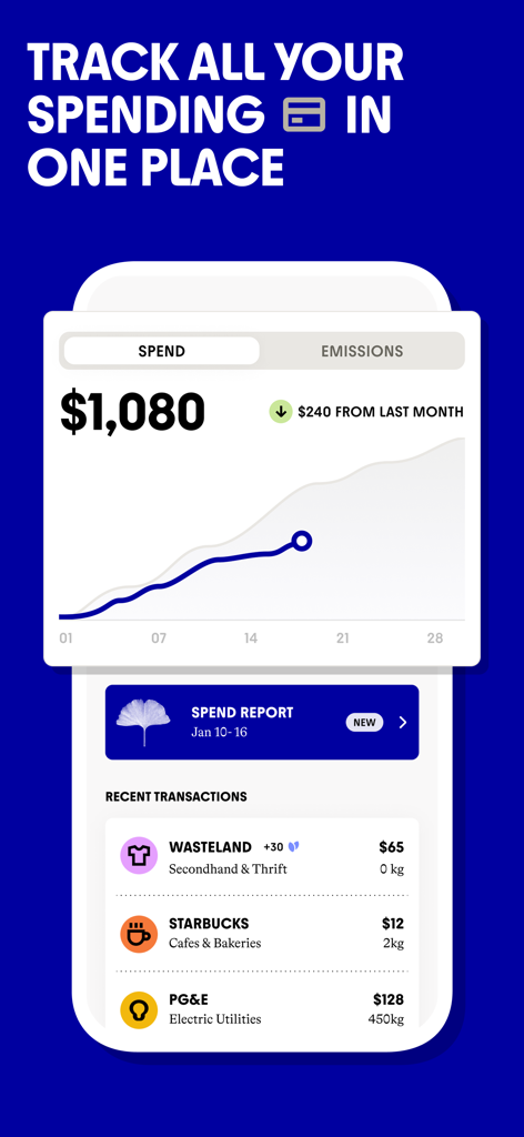 Commons: Make Your Money Count - Commons app dashboard displaying total monthly spending and carbon emissions per purchase