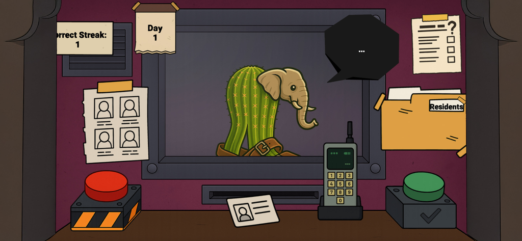 Grow a Garden : Master Game - Una pantalla de juego de dibujos animados que muestra un escritorio de control de seguridad con un híbrido de elefante cactus en un monitor y botones interactivos.