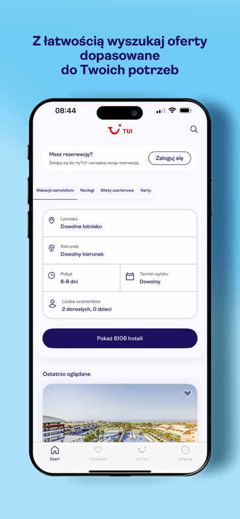 Home screen of the TUI travel app showing vacation search filters in Polish