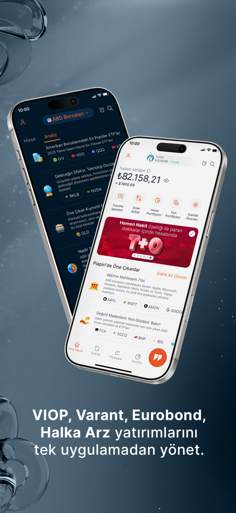 Piapiri Borsa Hisse Alım Satım - Piapiri金融アプリのダッシュボードを表示する2台のiPhone、ポートフォリオ残高と株式市場分析が表示されている