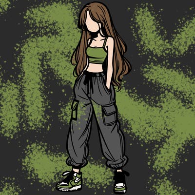 girl in baggy pants crop top and long hair