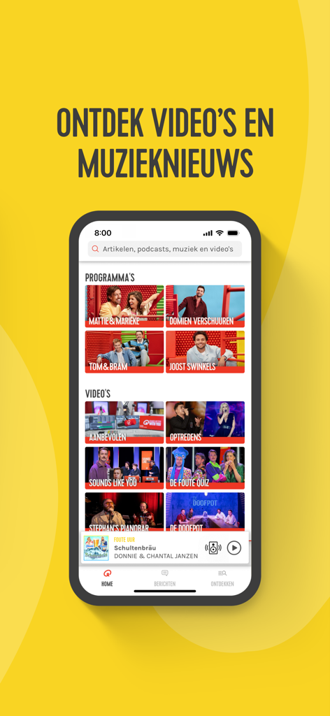 Interfaz de la aplicación Qmusic mostrando programas de radio y secciones de video