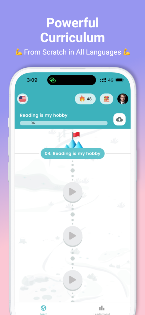 Interfaz de la aplicación Taleek que muestra una ruta de aprendizaje de idiomas inglés con lecciones en video.