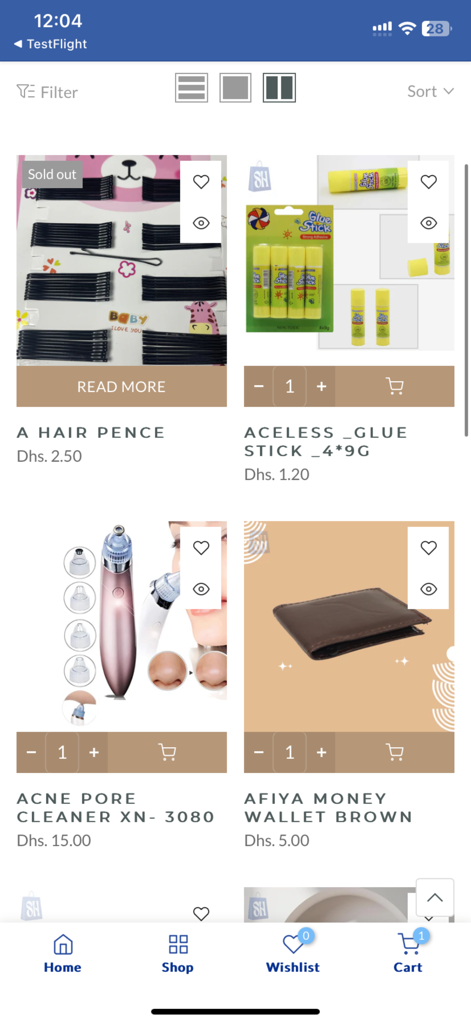 SH Shopping - Product list in SH Shopping app featuring household and fashion items