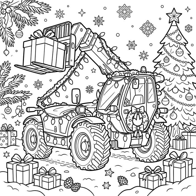 Experience a unique holiday season with our delightful Telehandler Christmas coloring page. This festive scene features a decorated telehandler ready to deliver gifts, surrounded by cheerful Yuletide elements.