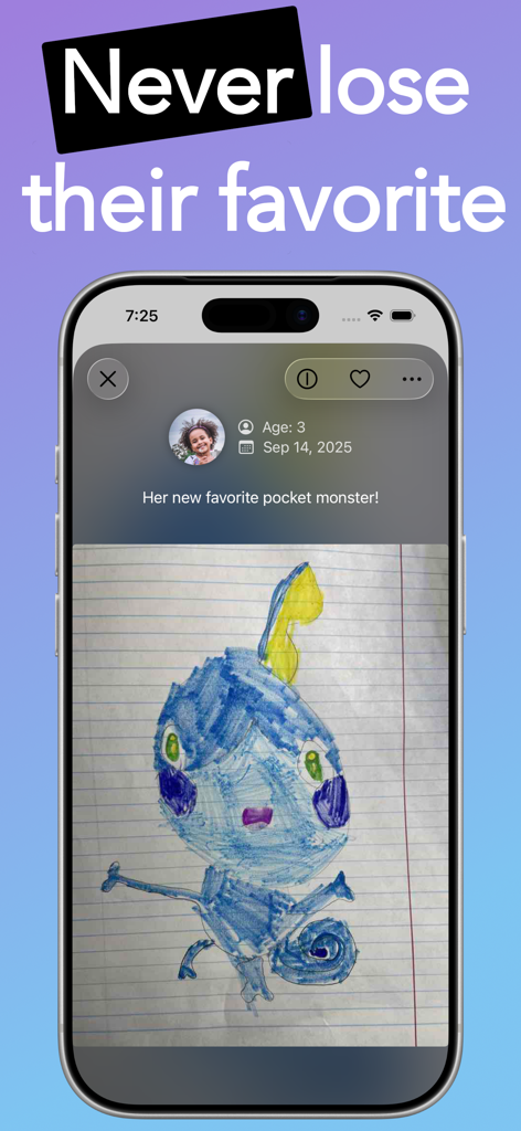 A childs blue monster drawing preserved in the Artbox app with artist details and date