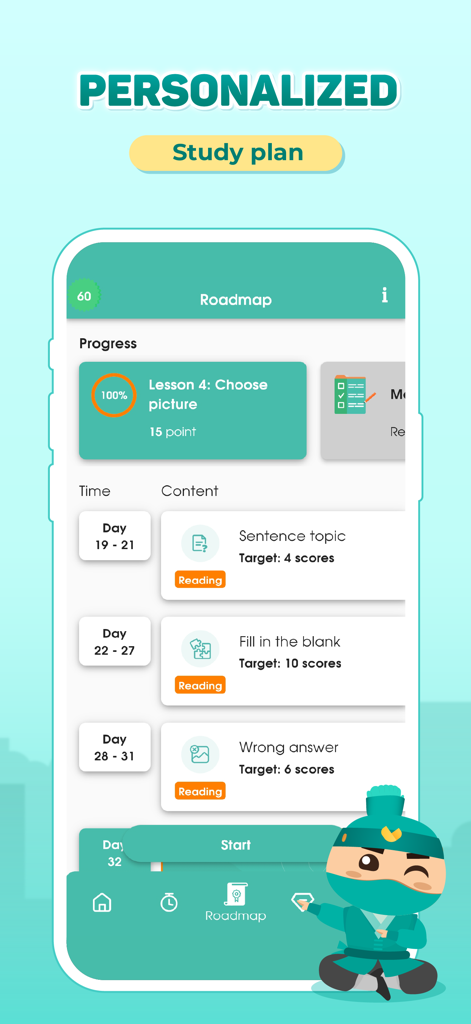 Migii TOPIK 1-6 & EPS TOPIK - Migii TOPIK app interface showing a personalized Korean language study roadmap