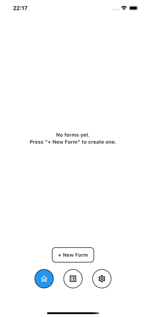 空のリストと新しいフォームを作成するためのボタンが表示されているForm Makerアプリのホーム画面