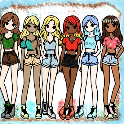 a group of girls wearing crop tops and shorts