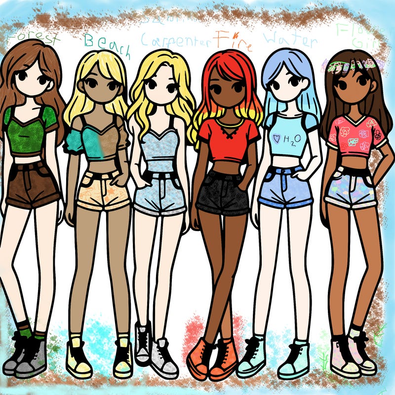 a group of girls wearing crop tops and shorts