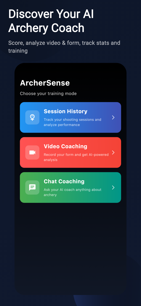 Archersense: AI Archery Coach - Pantalla de la aplicación ArcherSense que muestra opciones de entrenamiento para historial de sesiones, entrenamiento por video y entrenamiento de chat IA.
