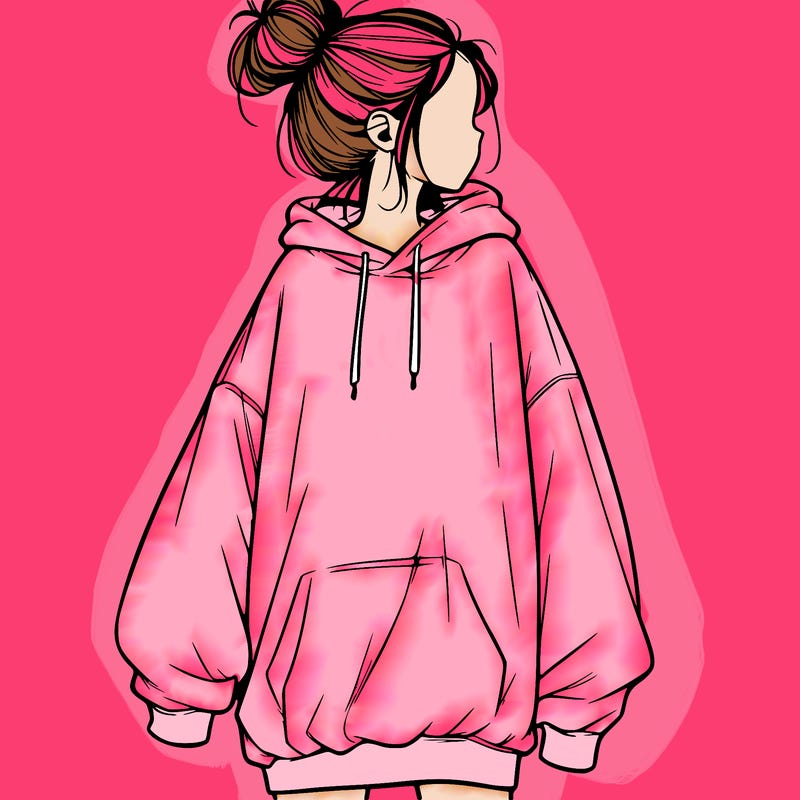 realistic girl with a oversized sweatshirt on and a bun