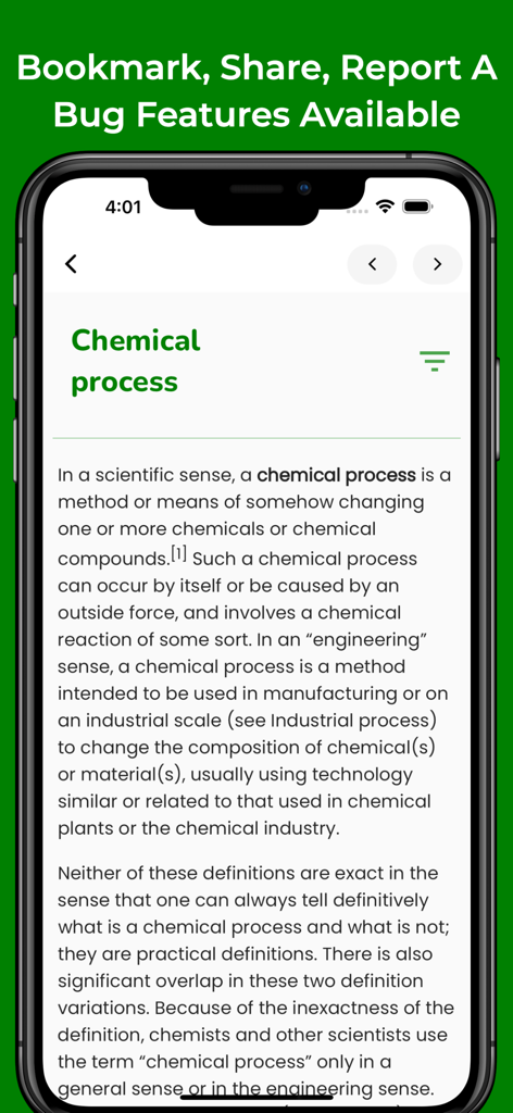 Oberfläche der App Learn Chemical Engineering, die die Definition eines chemischen Prozesses anzeigt