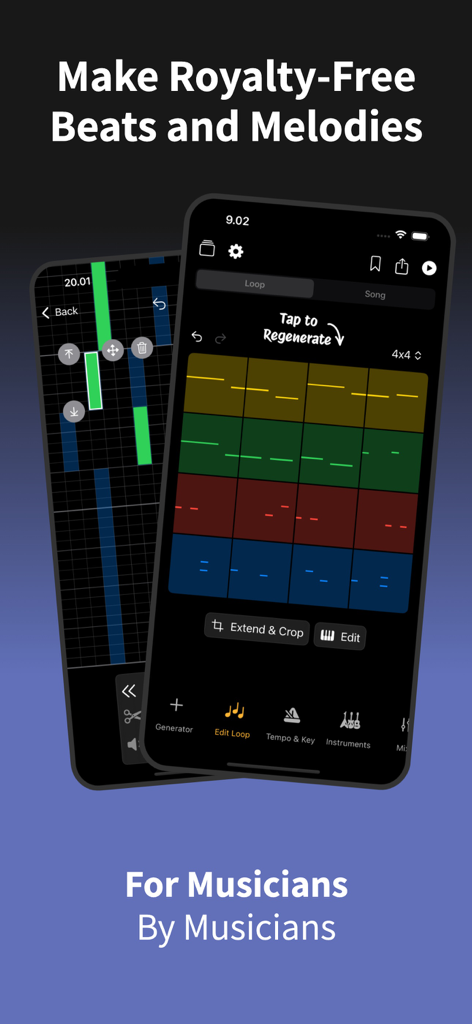 Songen: Instant MIDI Generator - Songen app interface showing royalty-free beat and melody generation for musicians