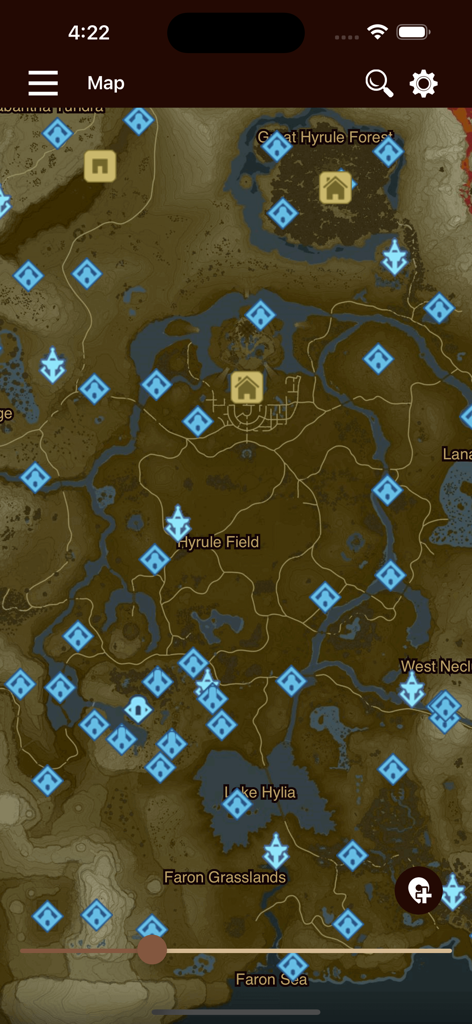 Interactive map of Hyrule with shrine and tower icons in the Breath Companion app