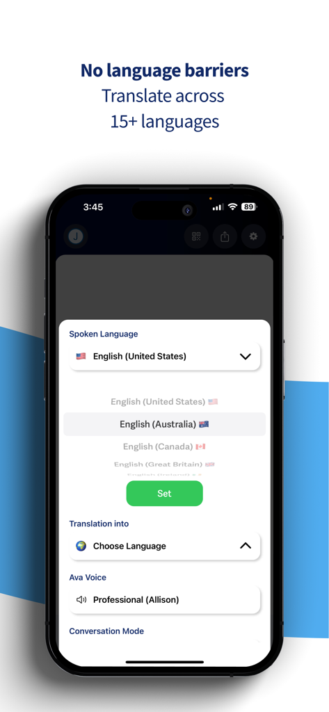 Ava: Transcribe Voice to Text - Ava app interface showing spoken language selection and translation settings across 15 languages