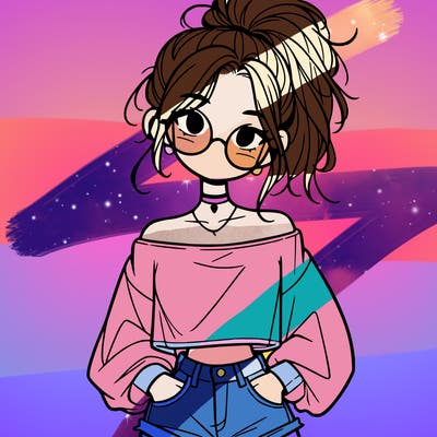 girl with a messy ponytail glasses a baggy crop top and jean shorts