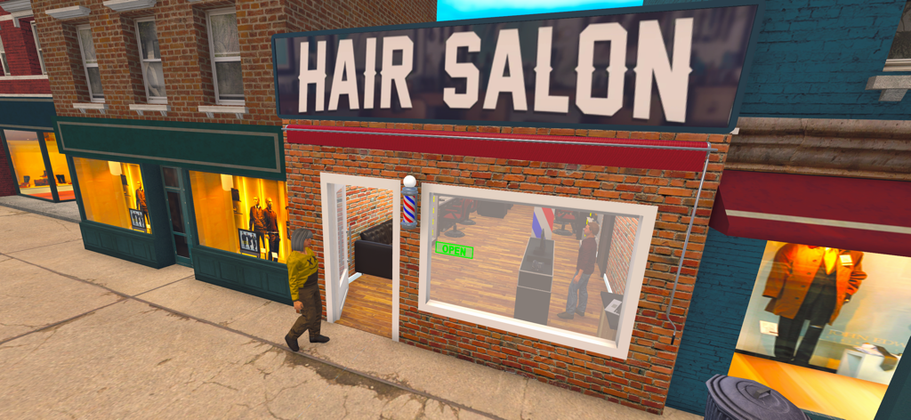 Hair Salon Simulator 3D - Exterior view of a brick hair salon shop in a 3D simulation game