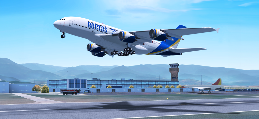 A large commercial airplane with Rortos livery taking off from a realistic airport in RFS - Real Flight Simulator.