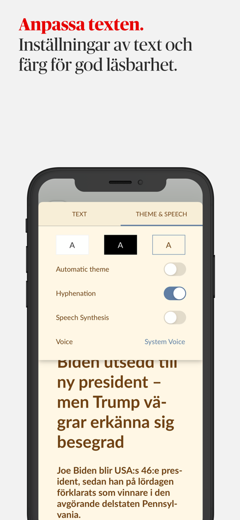 e-DN - Interface of the e-DN app showing text customization settings for font size and accessibility options