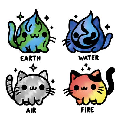 4 cats that represent the different elements, earth, water, air, and fire