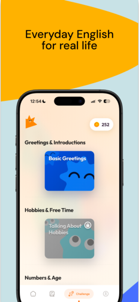Kelas Sekejap - Mobile app screen showing everyday English conversation topics like basic greetings and hobbies